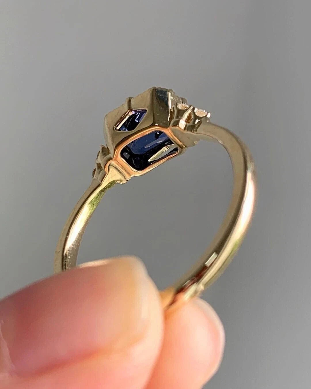 Art Deco Emerald Cut Sapphire & Lab Created Diamond Engagement 14K Gold FN Ring