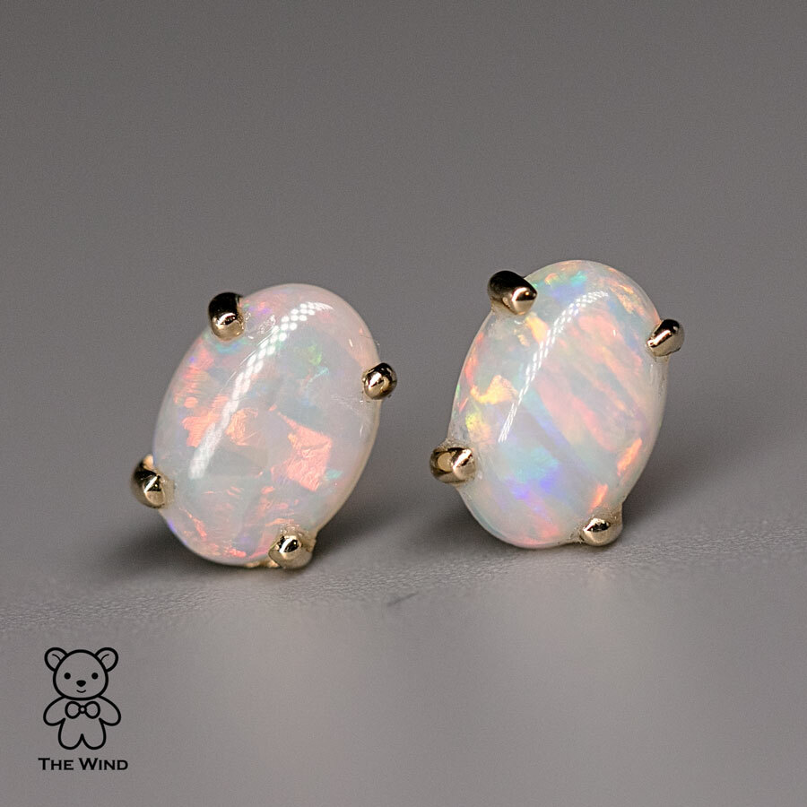 Oval Natural Australian Crystal Solid Opal Stud Earrings in 14k Yellow Gold