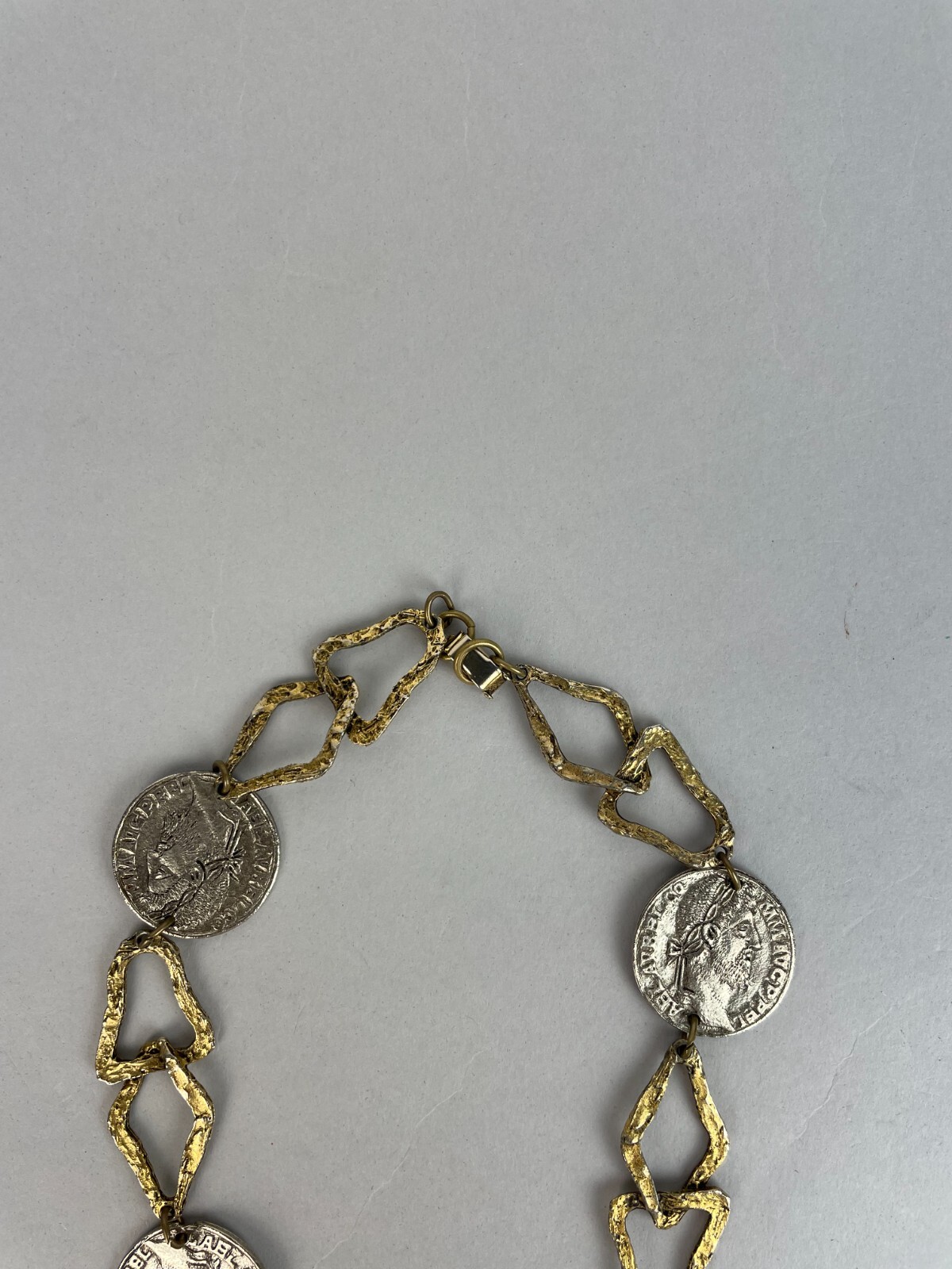 Vintage 1970’s Silver & gold tone Faux Roman Coins Long Rope style Necklace 18″