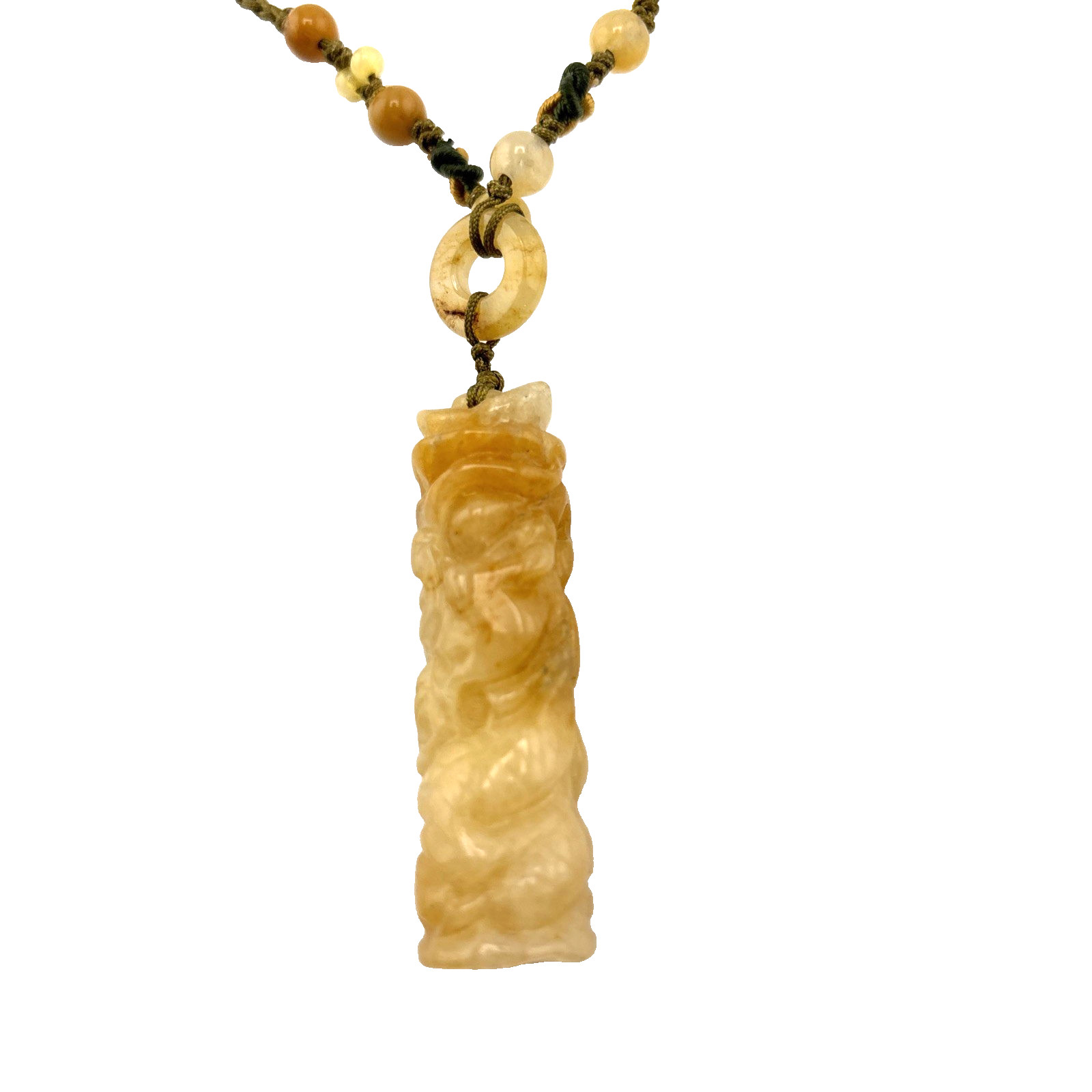 Macrame Genuine Carved Yellow Jadeite Necklace Adjustable Slide Knot 2″ Pendent
