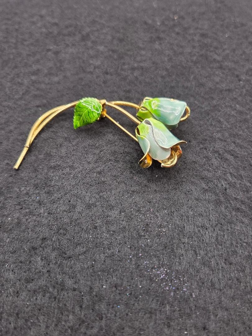 Vintage Enamel Blue & Green Gold Two Flower Buds And Leaf Brooch Pin 3″L