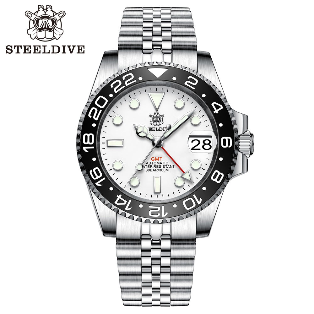STEELDIVE SD1993 Mens GMT 300M Automatic Dive Watch Steel White