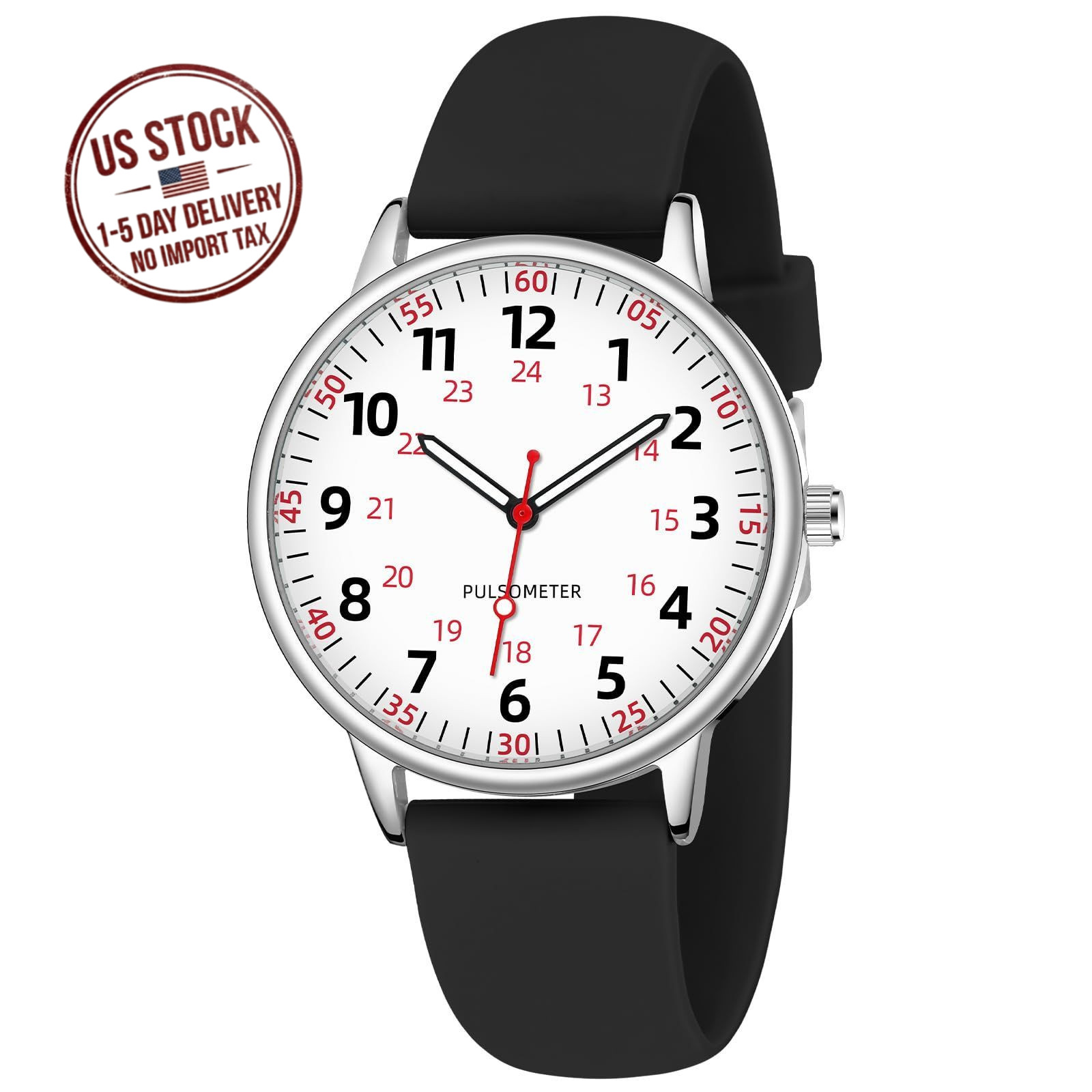 Waterproof Nurse Watch for Women Analog Silicone Watch with Second Hand Black
