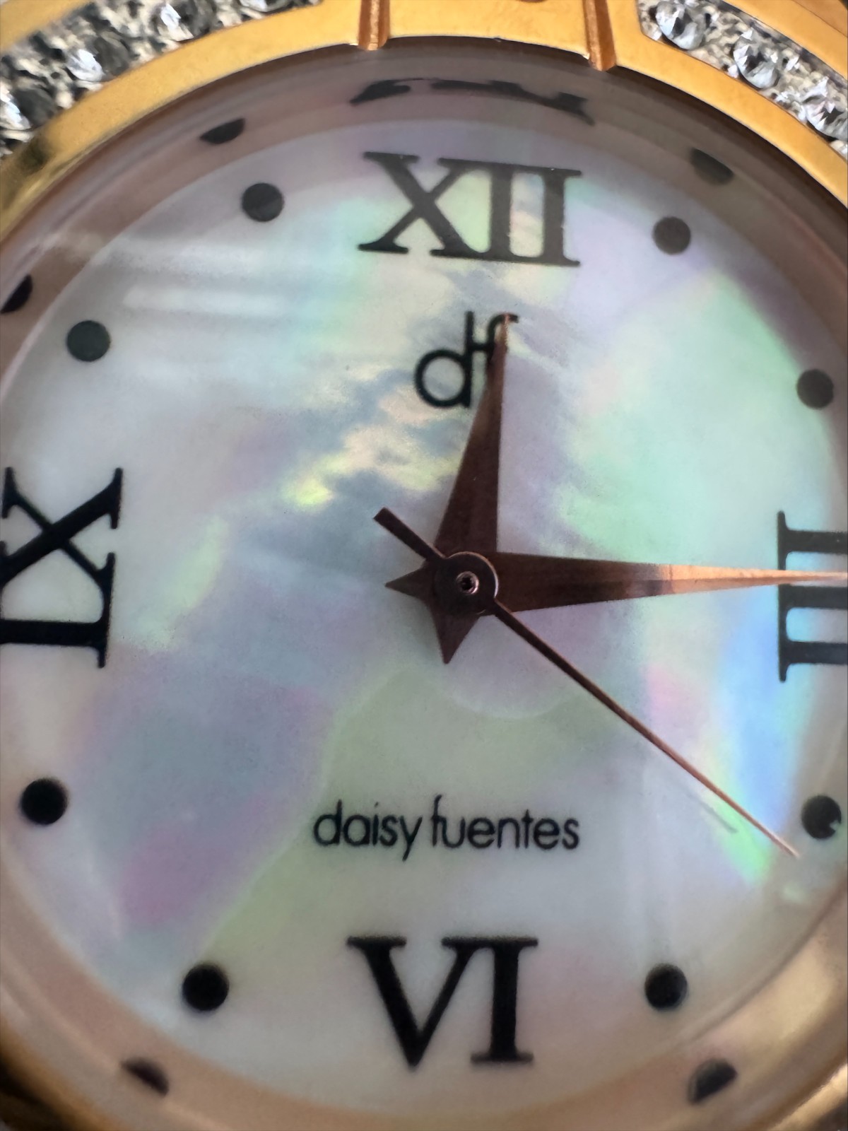 Daisy Fuentes Rhinestone Watch MOP Dial Black Strap Women’s Japan Movement