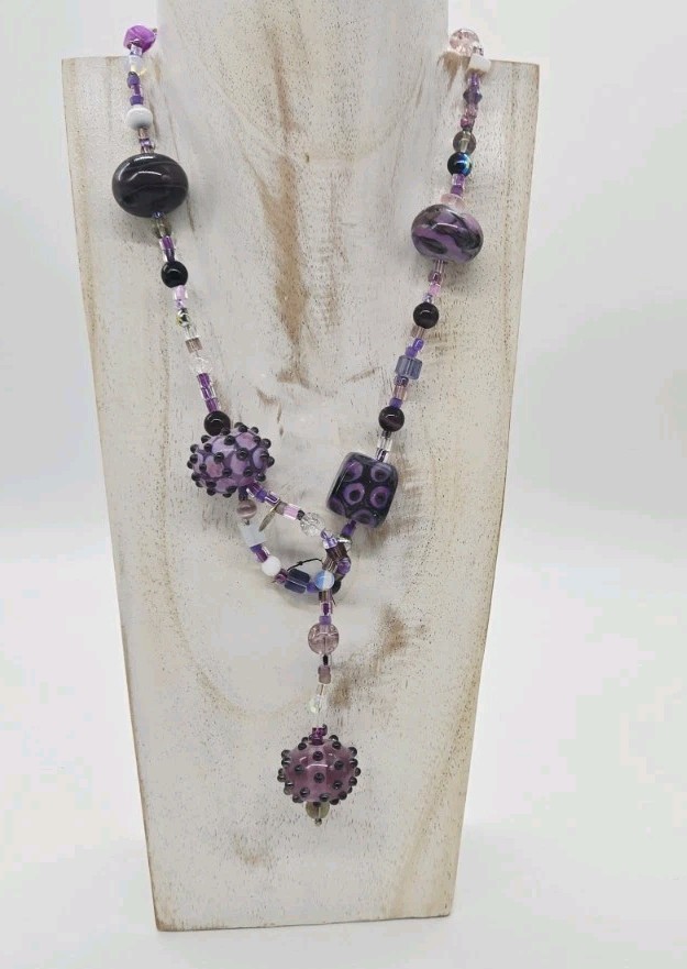 Purple Glass Necklace Bold Art Chunky Bead Statement Shades of Purple 21 in
