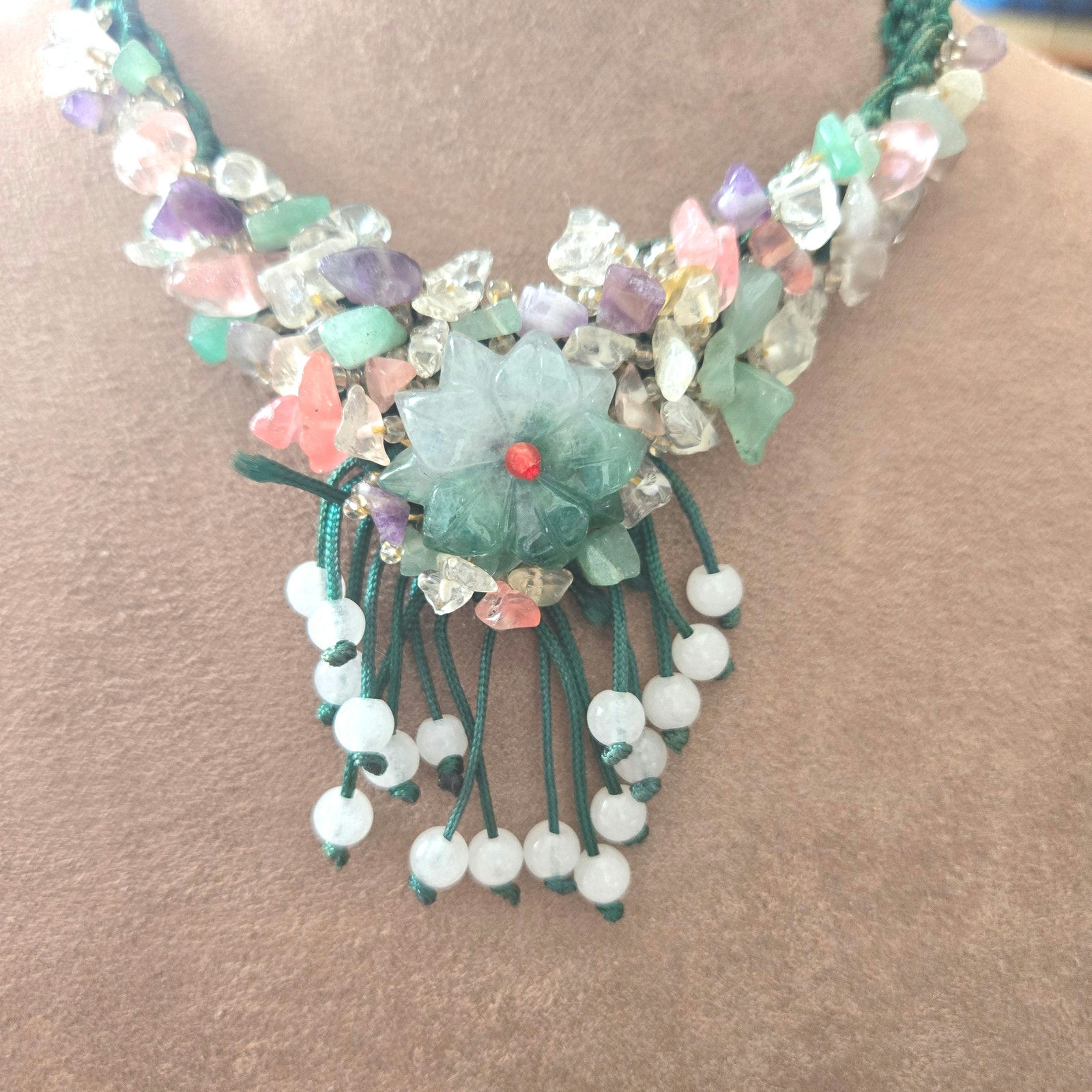 Vintage Semi- Precious-stones Floral Beaded Green Macrame Adjustable Necklace