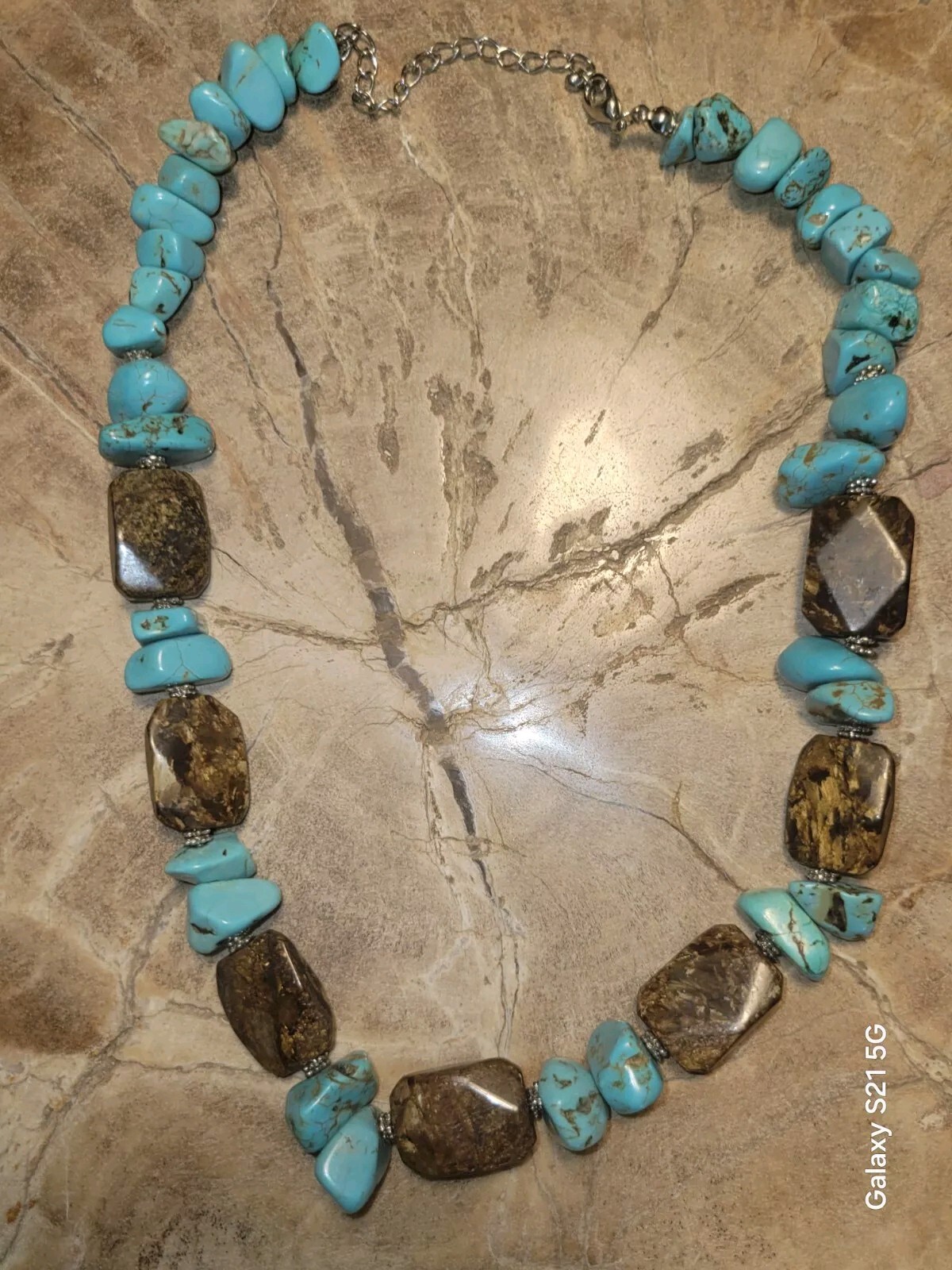 Turquoise-Bronzite Necklace 20″ Long Boho Chic Artisan Made Adjustable OOAK