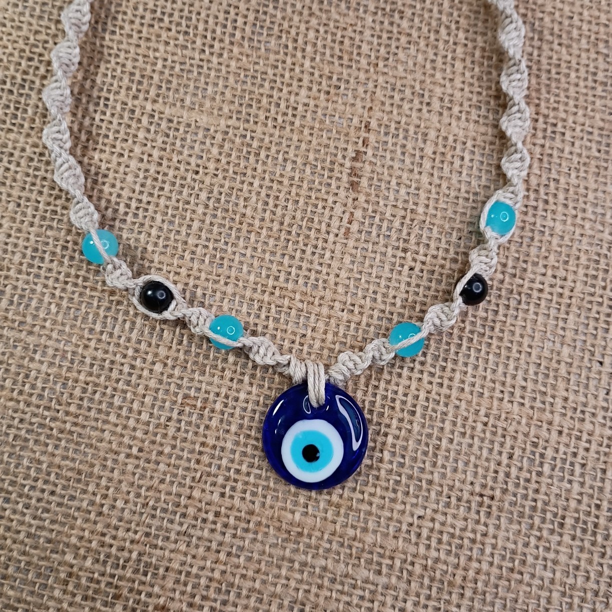 Natural Hemp Necklace w/ Evil Eye Charm & Beads, 18-23 inch Ready to Ship