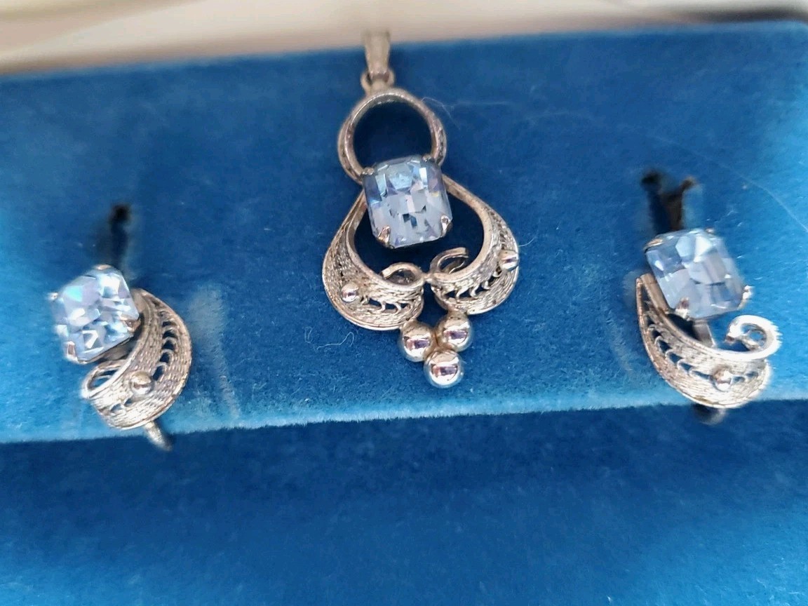 Vtg Van Dell Sterling Pendant & Earrings Set – 1950s Filigree Pale Blue Topaz