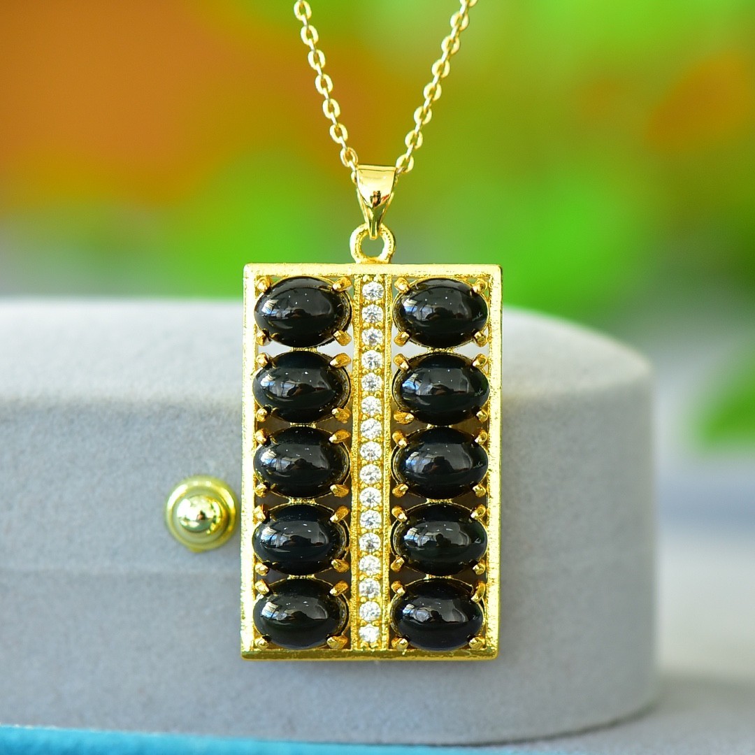 Natural Hetian Black Green Jade Abacus Pendant Copper Gold Plated Inlay Lucky