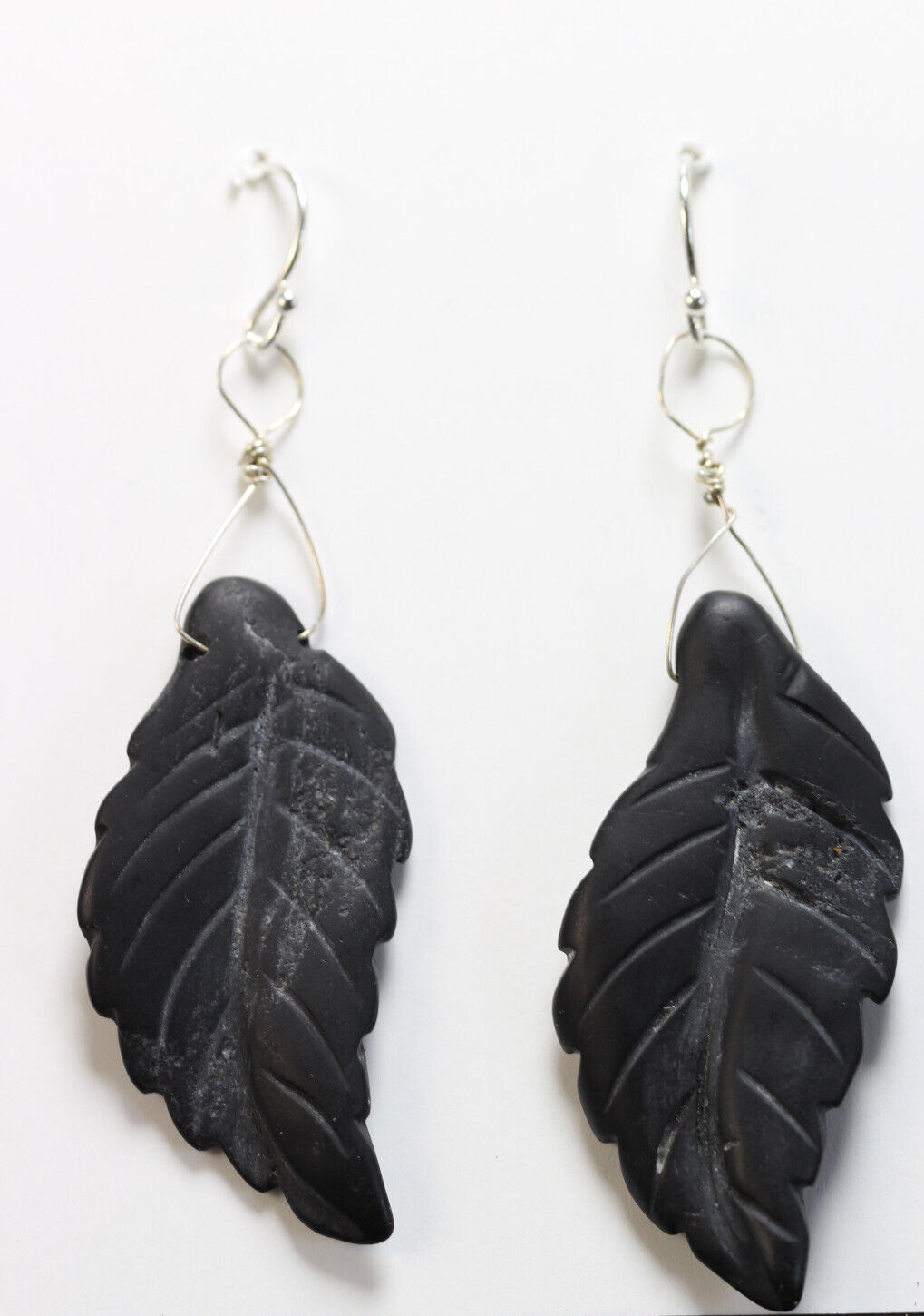 Graphite Black Leaf Carved Gemstone 925 Sterling Silver Wrapped Earrings 2 1/4″