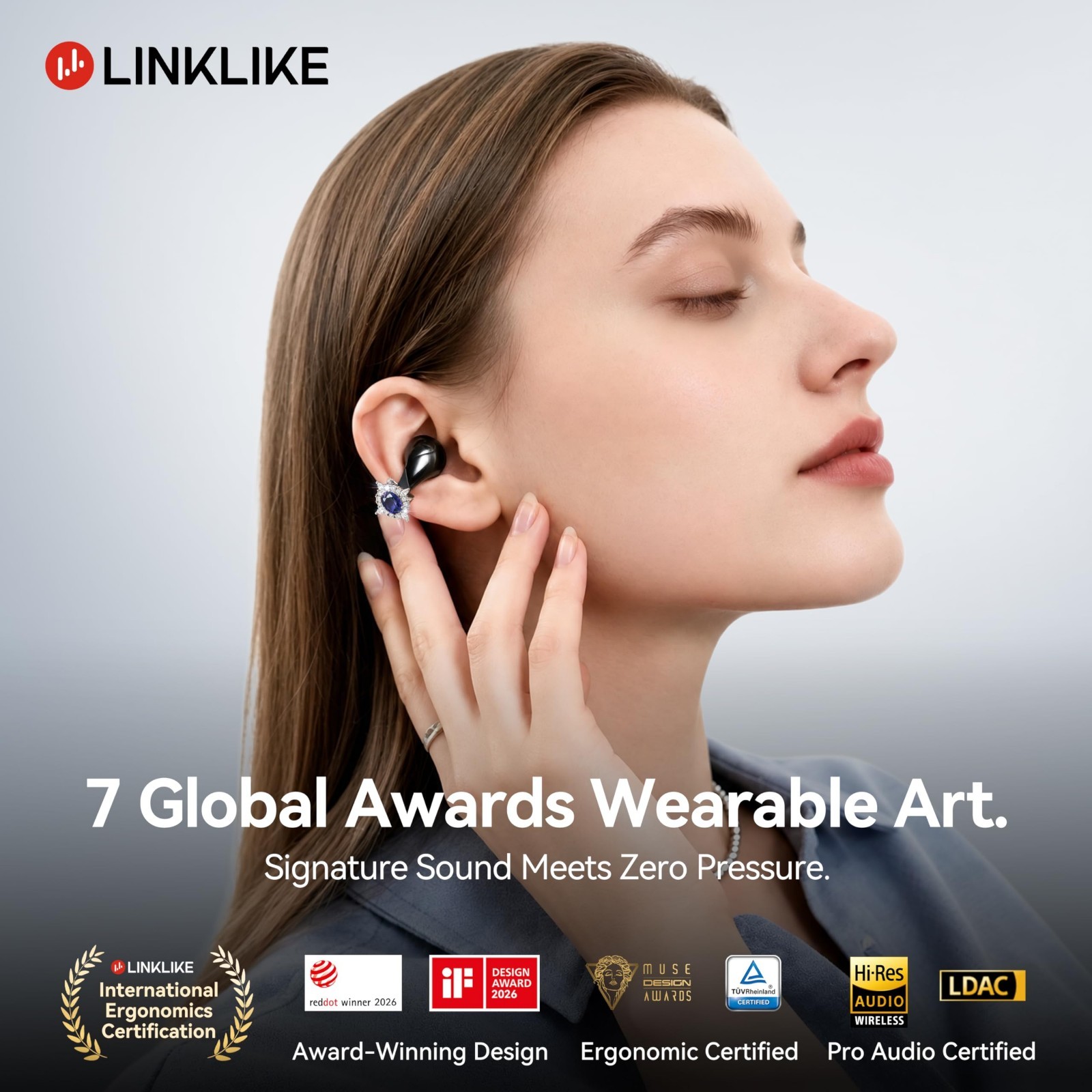 Comfortable Clip-on Earbuds with Zircon Earrings, 70H Playtime, Hi-Res Sound – P