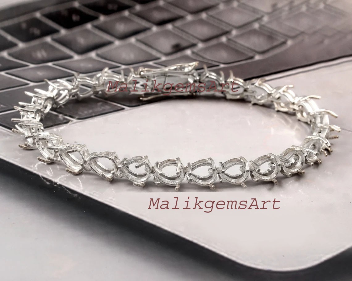 Semi Mount Bracelet 925 Sterling Silver Pear Cut 7X5 MM Blank Stone Bracelet #22
