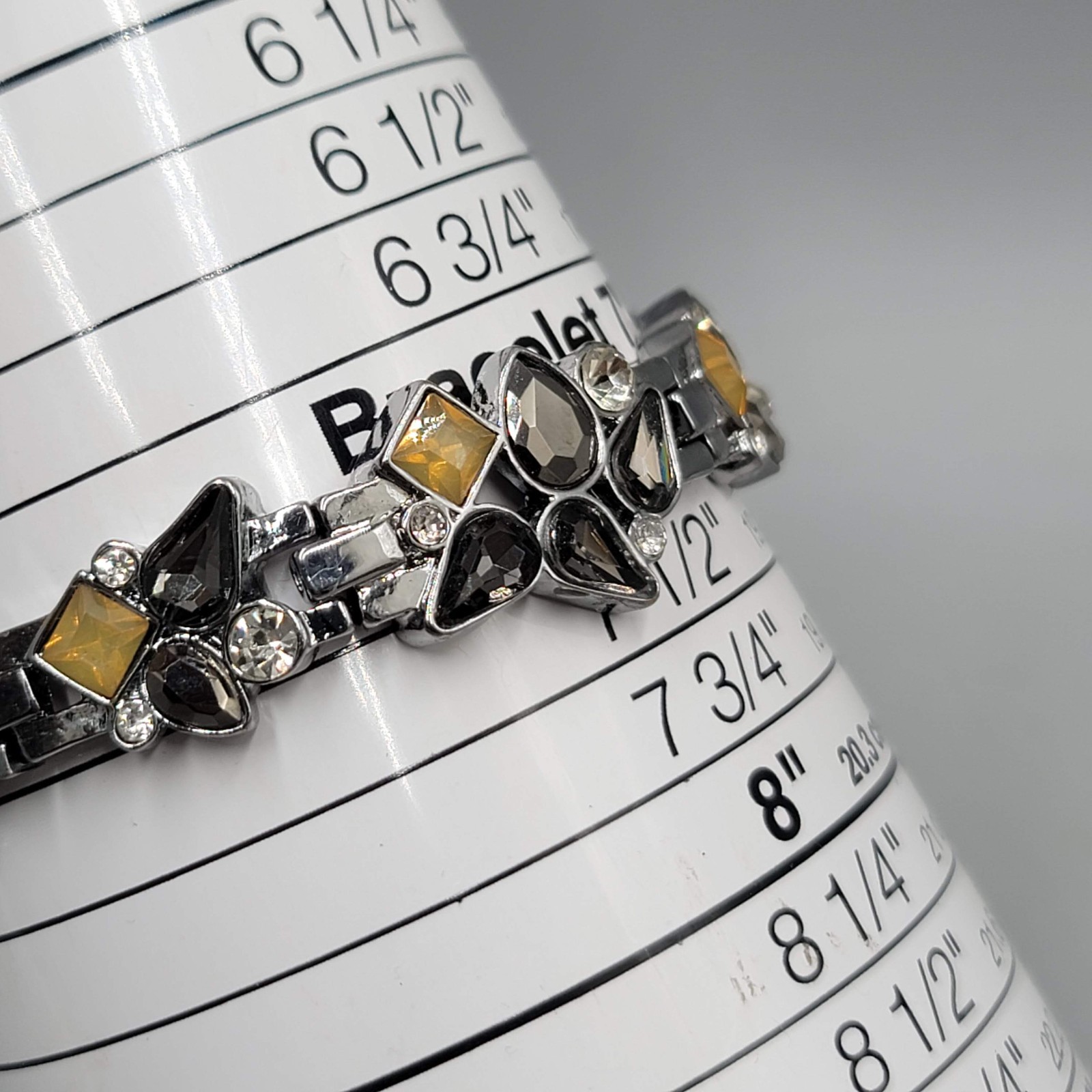 Black Yellow Rhinestone Bracelet Gun Metal Gray Metal Elastic 7″