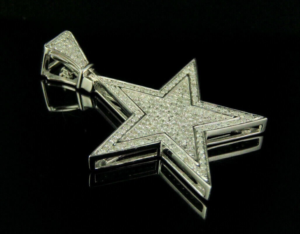 Men’s 14K White Gold Over Diamond Star Pendant Charm 1.35 CT 1.75″