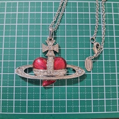 Vivienne Westwood Diamante Heart Orb Large Necklace Silver Red with drawstring