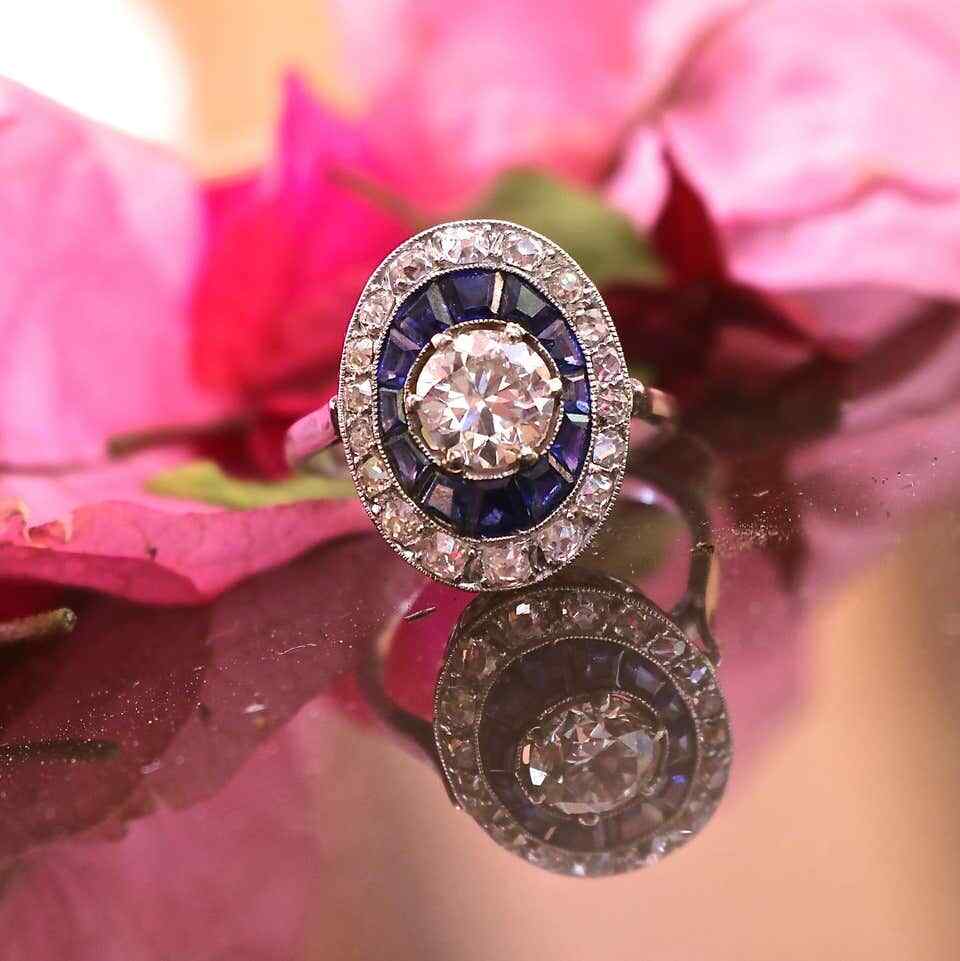 Lab-Created Shiny Old European Cut Cubic Zirconia With Blue Sapphire Ring