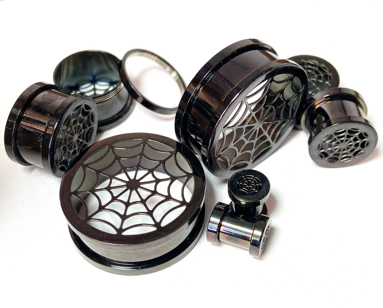 PAIR Black Spider Web Surgical Steel Tunnels Spiderweb Ear Plugs Earlets Gauges
