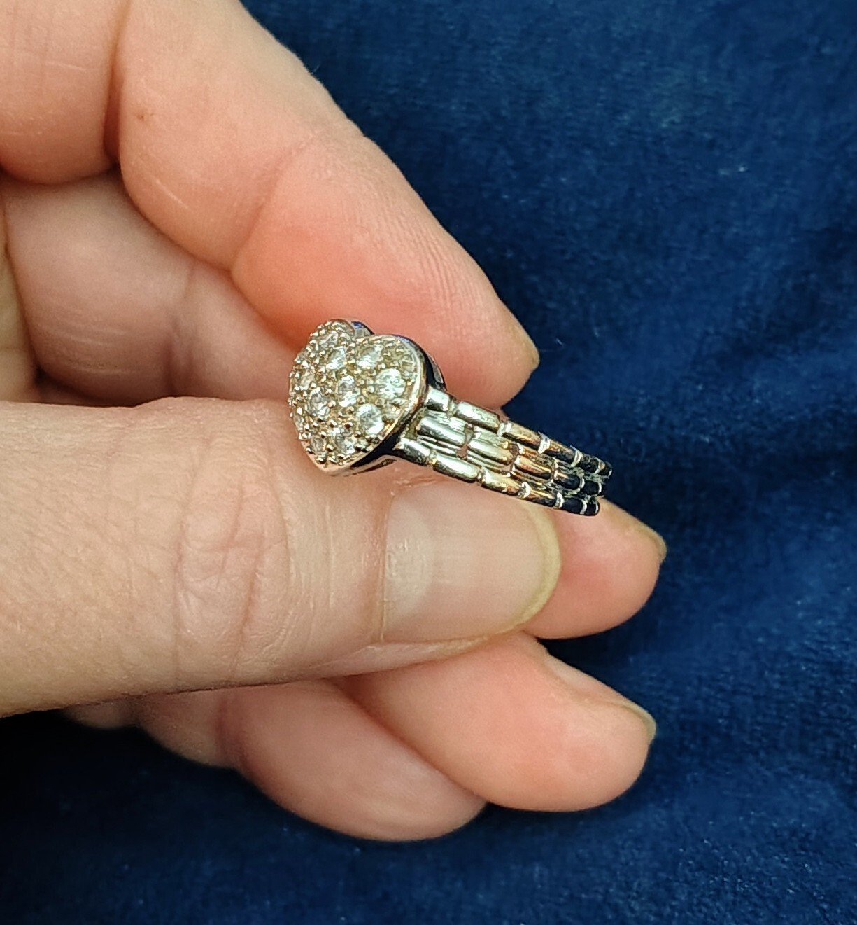 Vintage Art Deco Style Sterling Silver Heart C Z Ring Weaved Pattern Band Size 8