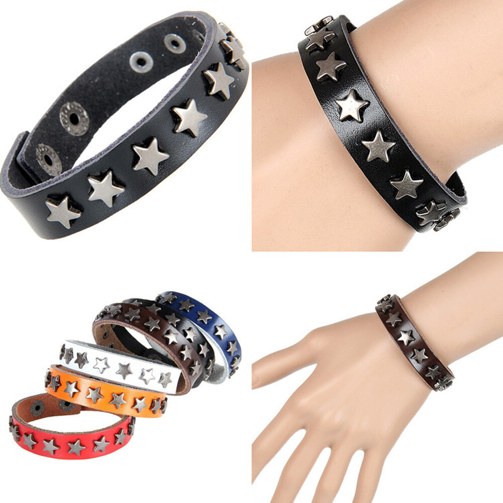 Punk Hip Hop Leather Bracelet Men Star Spikes Rivet Gothic Wide Studded Bracelet