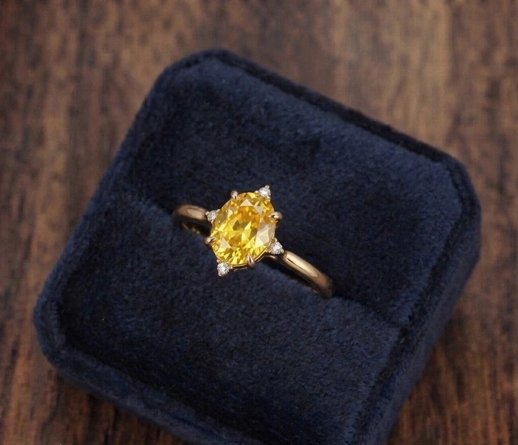 3.04 Ct Oval Cut Natural Sapphire Diamond Proposal Ring 14K Solid Yellow Gold