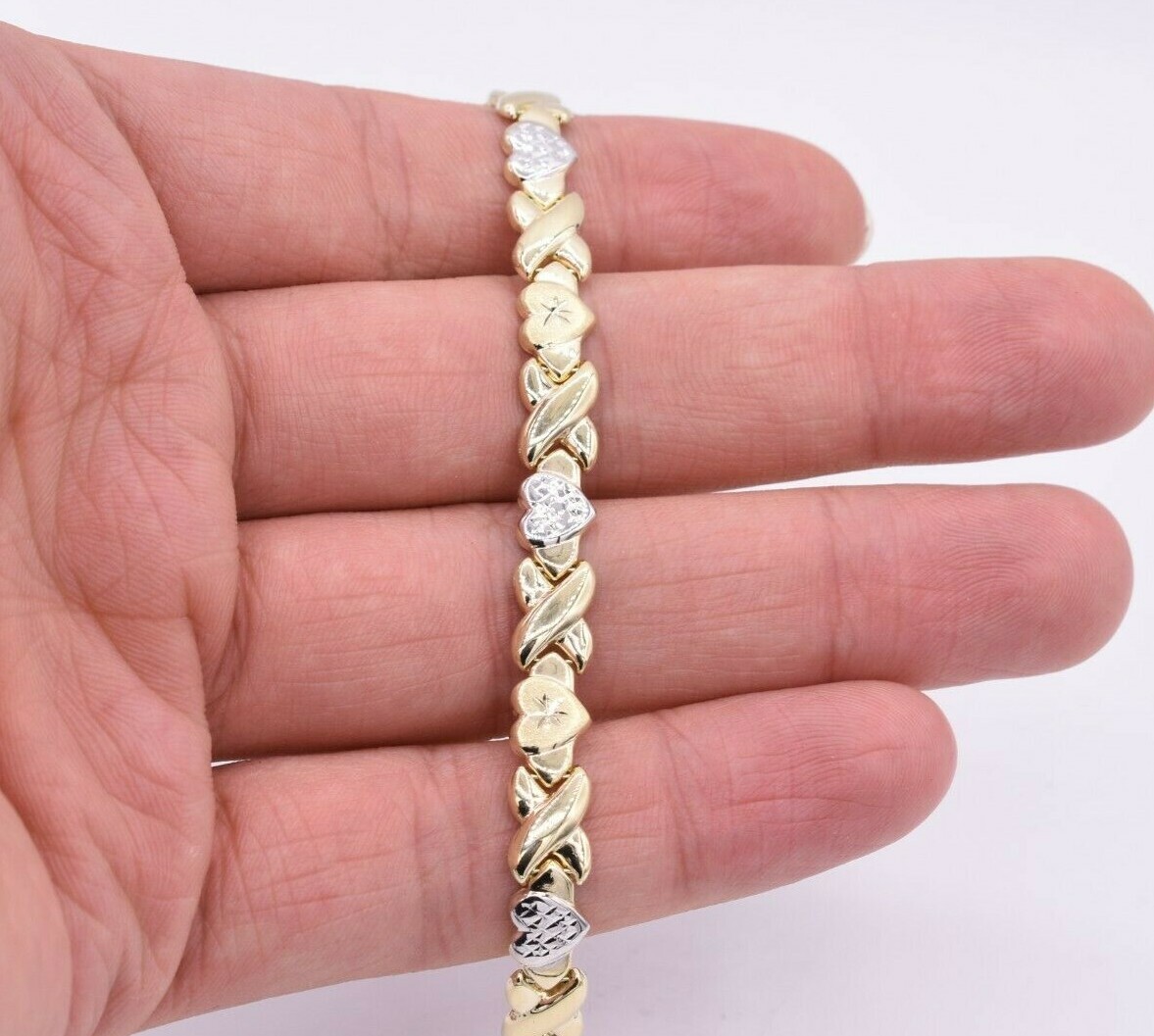 7.25″ Diamond Cut Hearts and Kisses Stampato Bracelet Real 10K Yellow White Gold