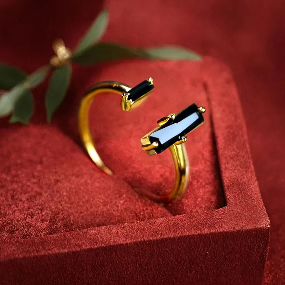 Black Obsidian Bar 18K Gold Dainty Minimalist Healing Women Open Size Ring Gifts