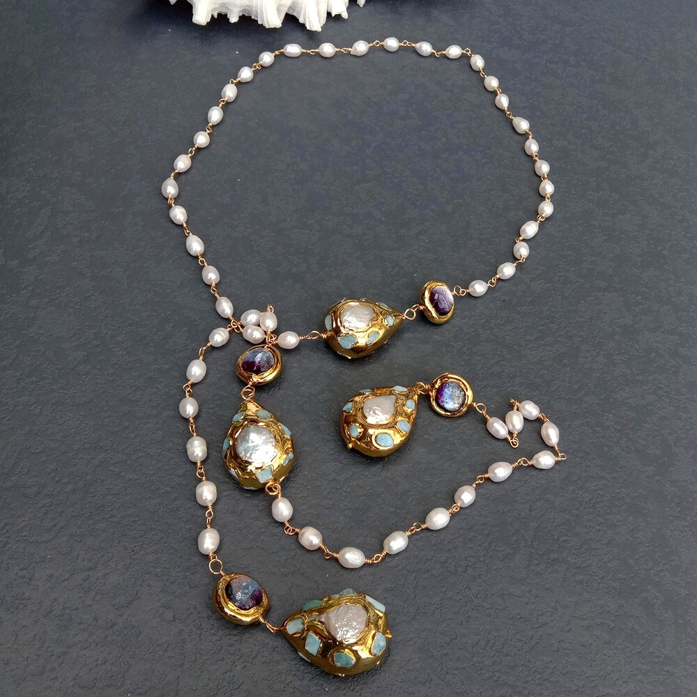 40″ Cultured Rice Pearl Larimar Purple Murano Glass Long Rosary Chain Necklace