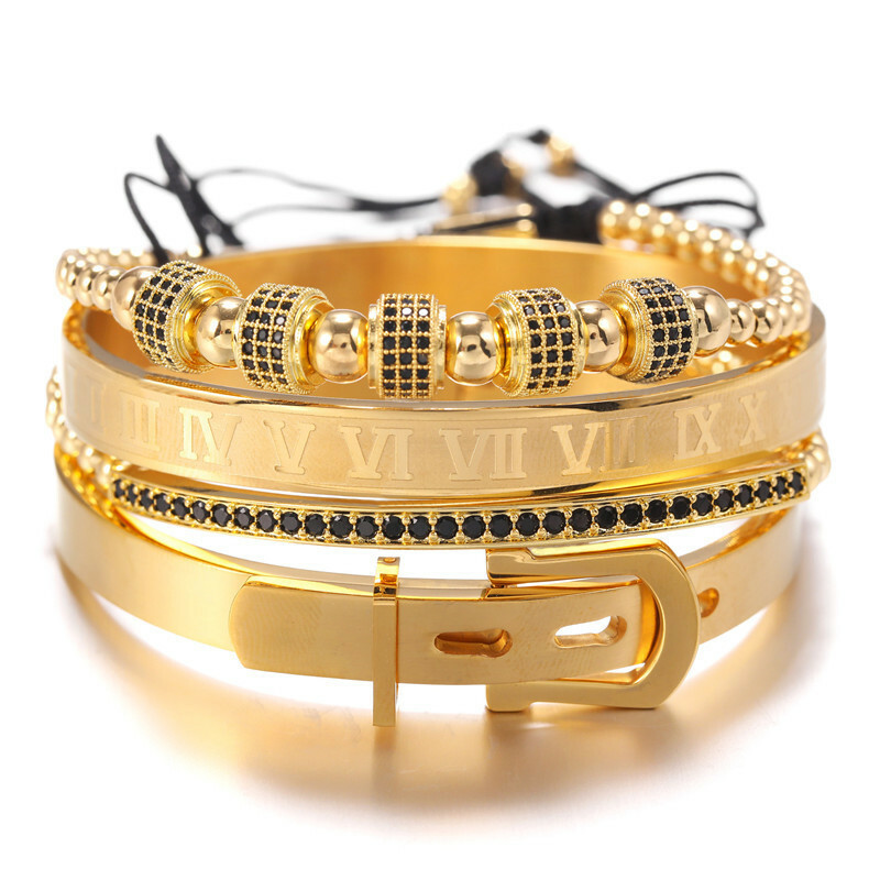 4Pcs/Set Luxury Royal Roman CZ Bracelets Bangles stainless steel Men’s Jewelry