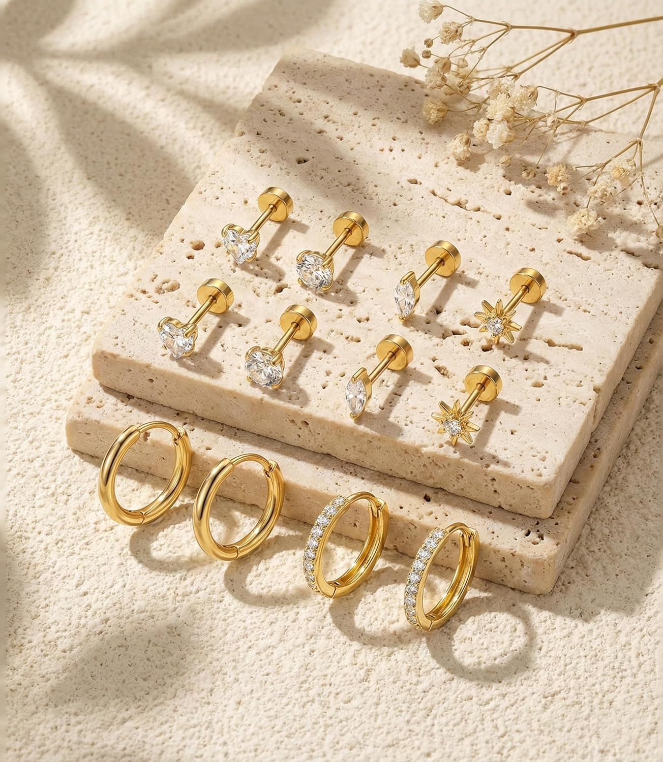 Hypoallergenic Flat Back Earrings for Women Silver 14K Gold Plated Surgical Stai