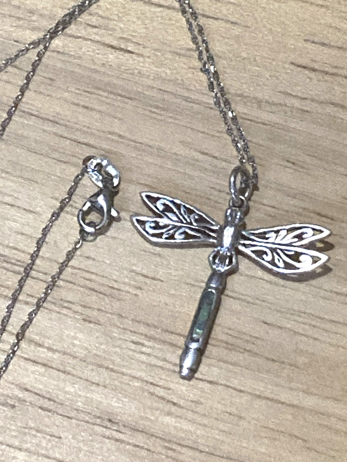 Vintage Peter Stone Pendant Necklace Sterling Silver Dragonfly Abalone Charm 925
