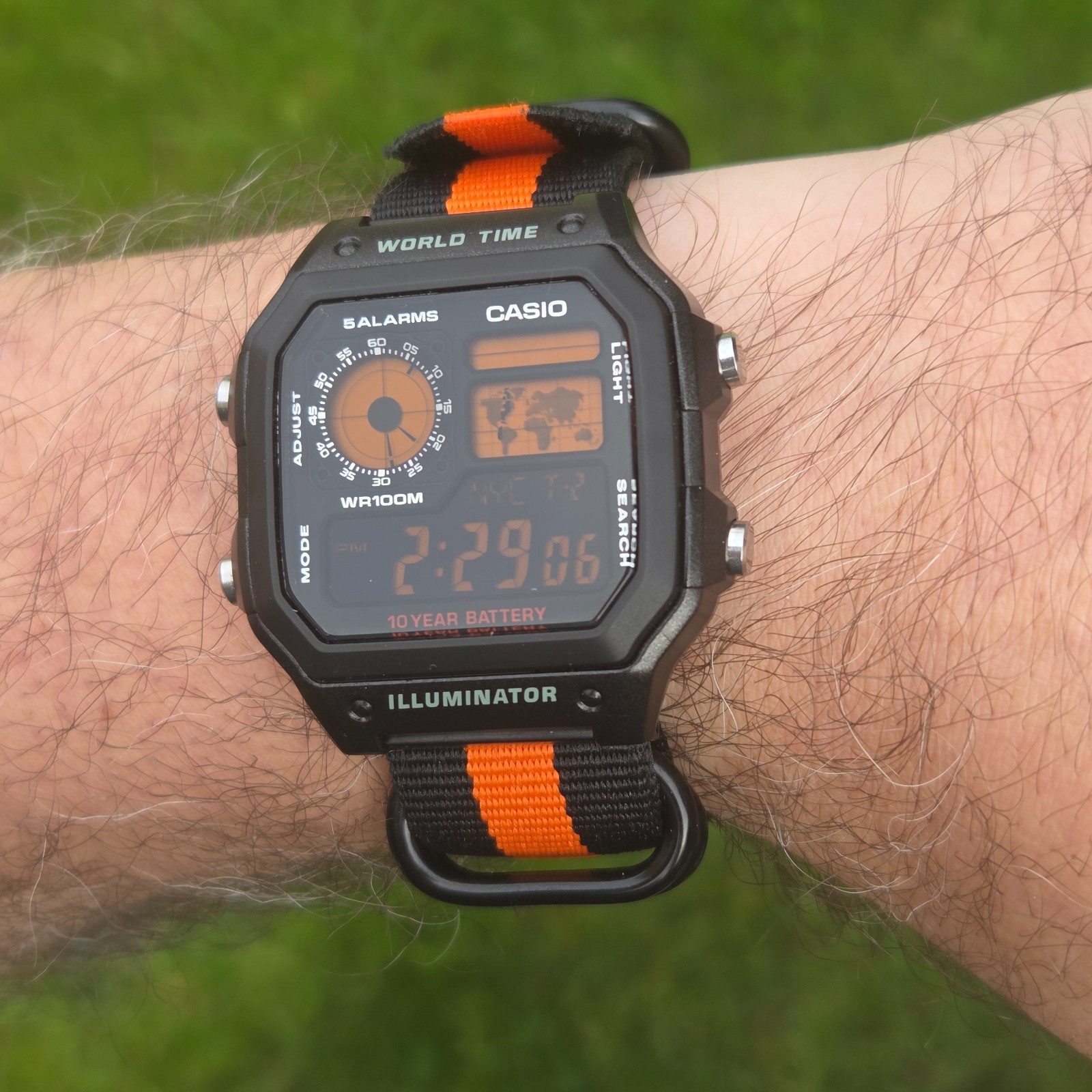 CASIO AE-1200WHD. Royale World Time Watch Mod. Orange Digits Negative. Hydromod.