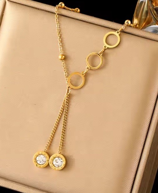 Gold Tone Lariat Y-Drop Necklace, Adjustable Cable Chain, Clear Crystal Drop