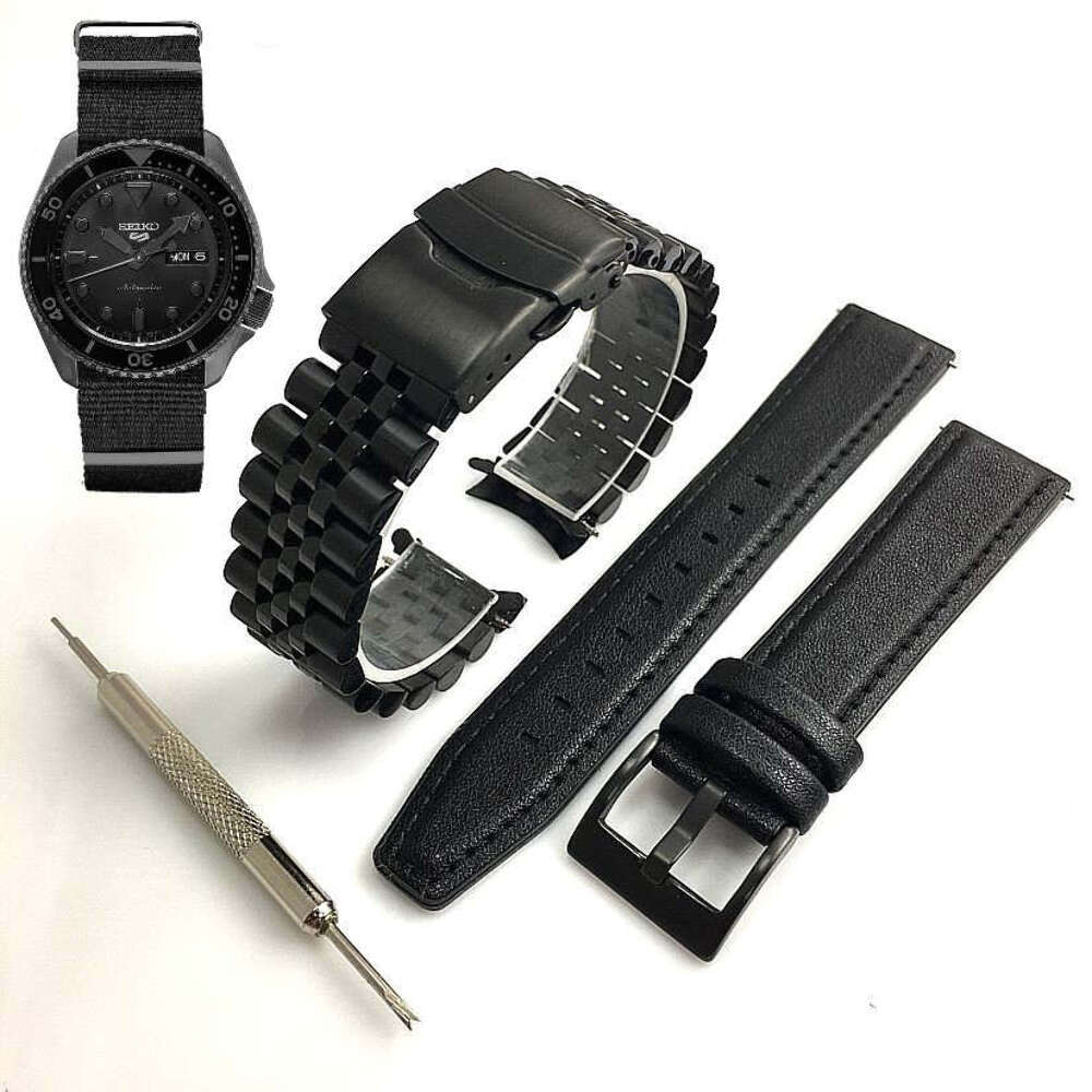 Steel & Leather Black Replacement Watch Band For Seiko SRPD79 4R36-07G0 SRPD79K1