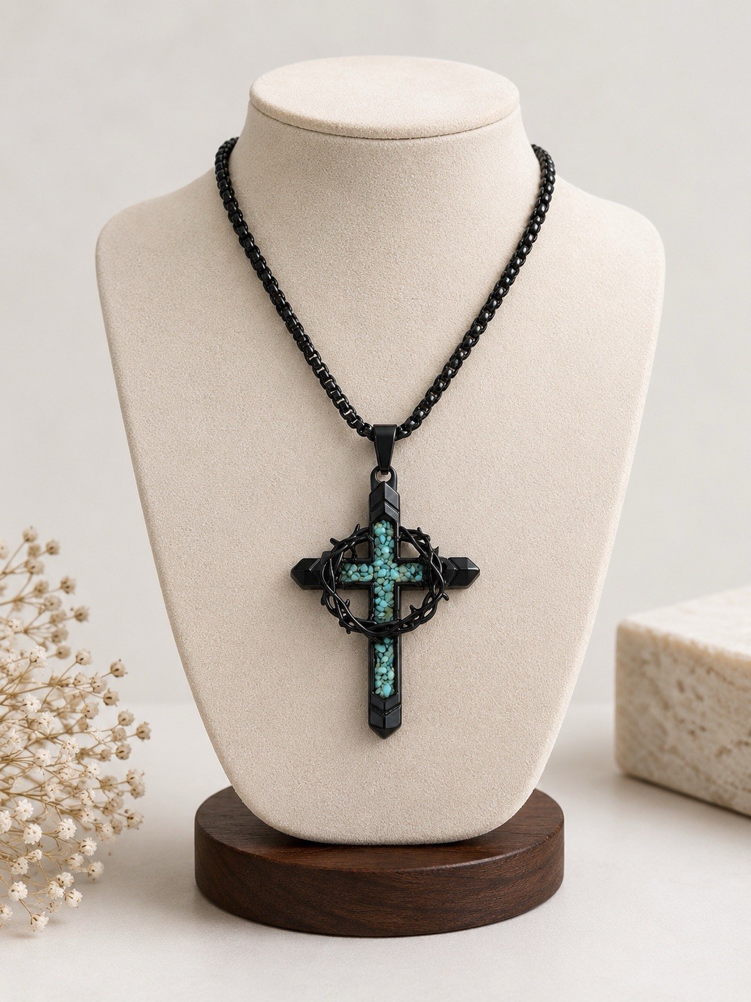 Black Cross Pendant Necklace Turquoise Inlay Crown of Thorns 24” Chain Christian