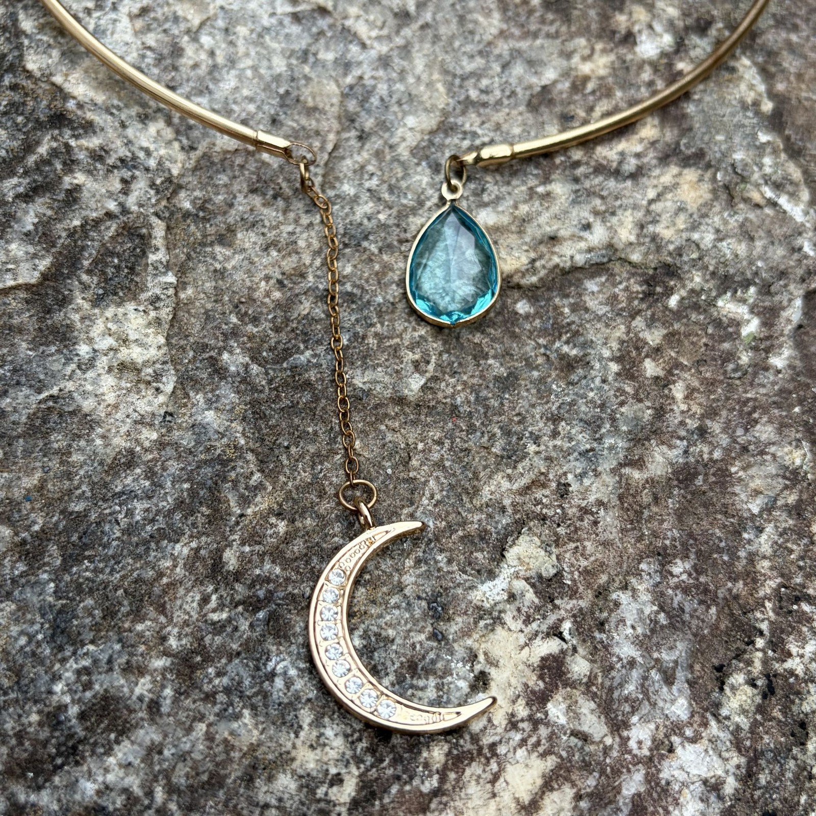 Gold Tone Crescent Moon Teardrop Aquamarine Rhinestone Open Collar Choker