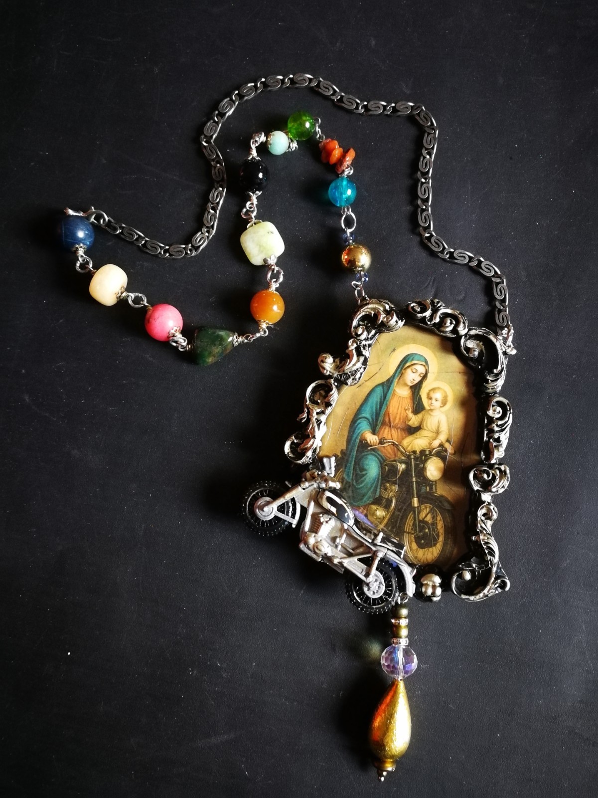 Vintage Assemblage Jewelry Necklace Pendant Baroque Pop Religion Motorcycle Fans