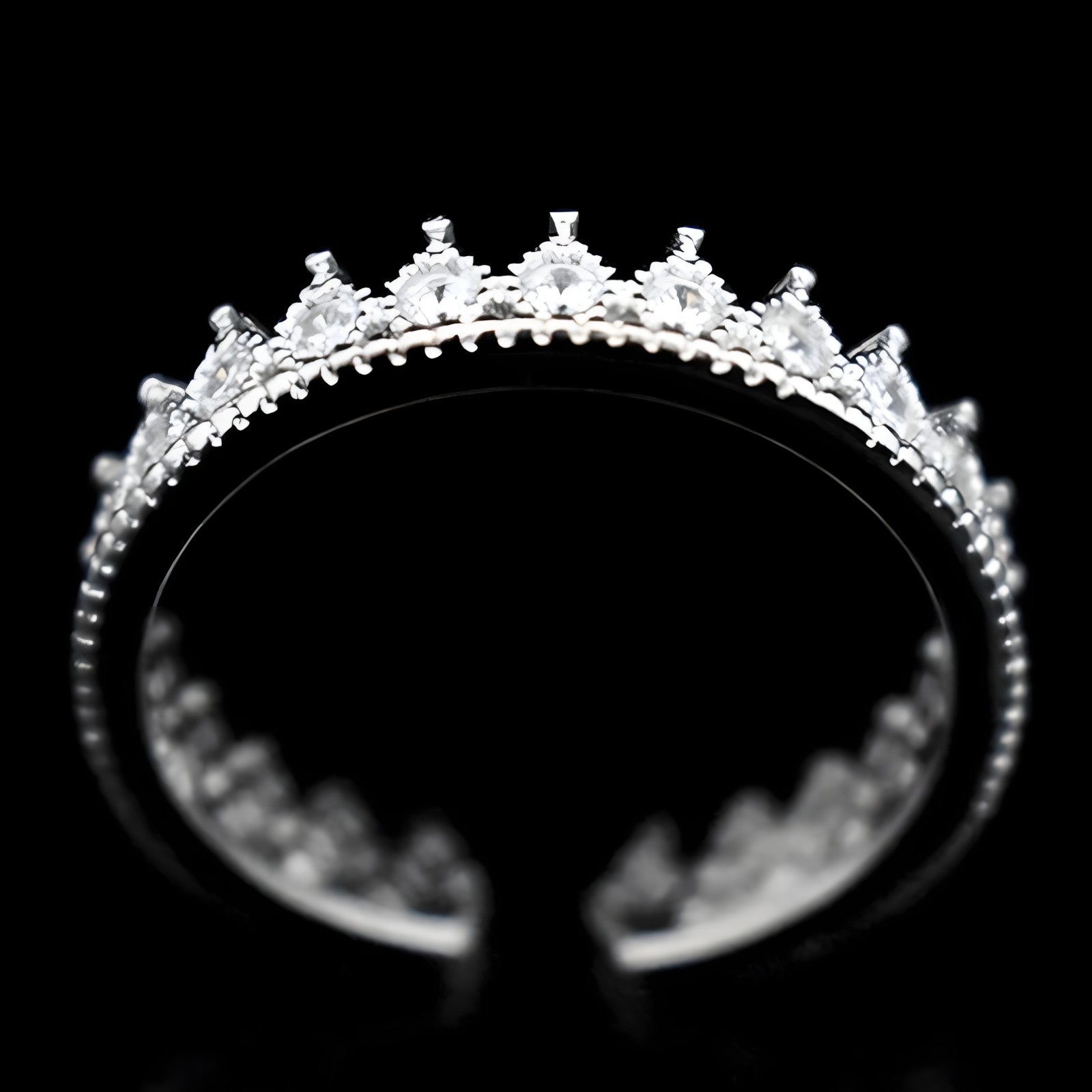 925 Sterling Silver Tiara Ring, Adjustable Crown Ring Sparkling CZ Stones 372