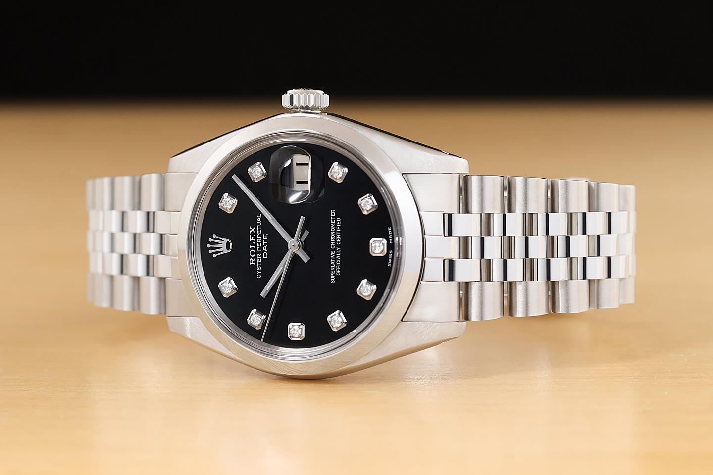 ROLEX OYSTER PERPETUAL DATE 1500 BLACK DIAMOND DIAL STAINLESS STEEL 34MM WATCH