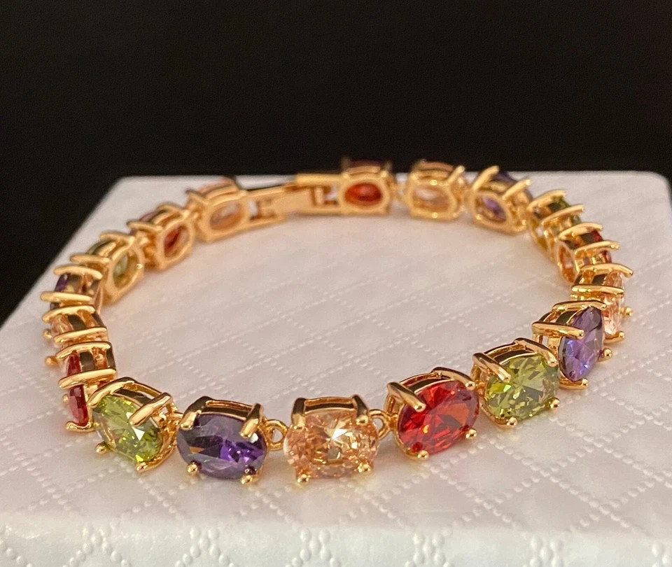 18K Gold Plated 30 CTW Gemstone Tennis Multicolor Bracelet Birthday Jewelry