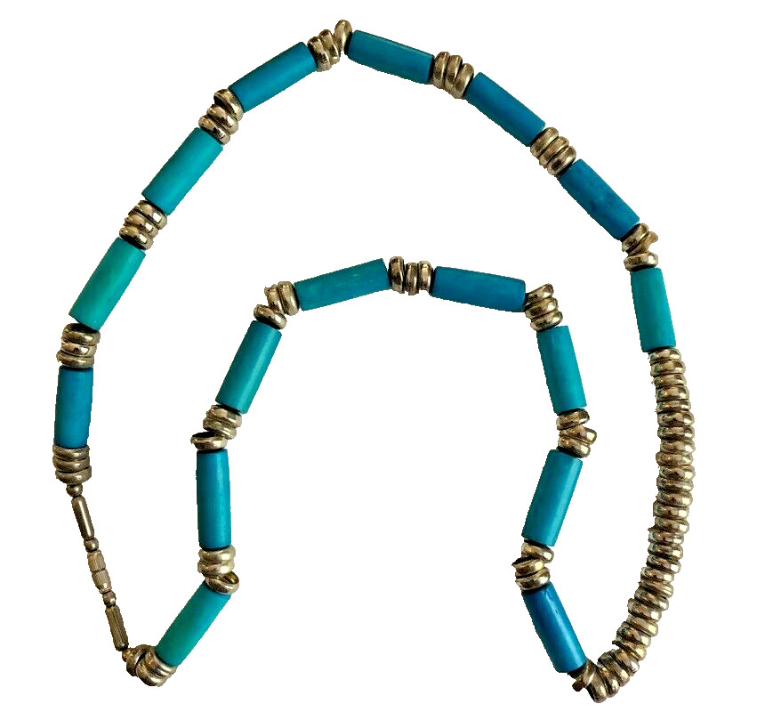 Turquoise colored and silvertoned necklace – authenticity not guaranteed, 16″