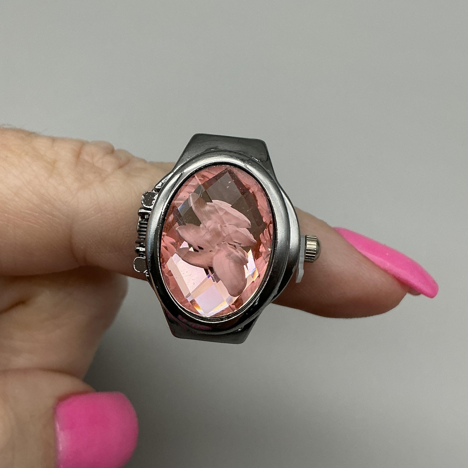 Bozhi Ring Watch Womens 20mm Hidden Dial Pink Crystal Floral New Battery