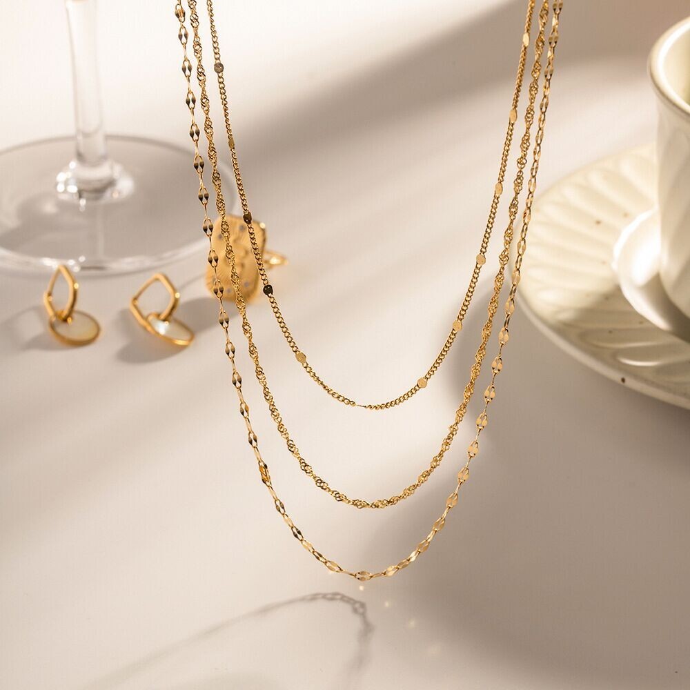 Woman 18K Gold Plated 3 Layer Starry Sequins Singapore Twist Chain Necklace 22”