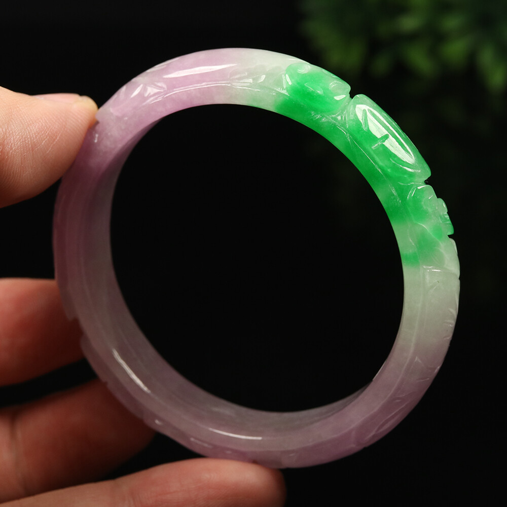 55mm Lavender Purple Green Jadeite Jade Bracelet Bangle Bat Coin 福在眼前 A-11671