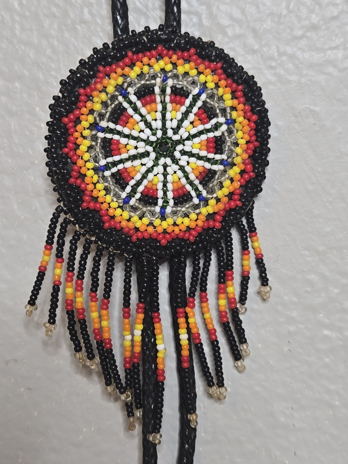 Native American Beaded Necklace Bolo Tie Black Yellow Red Orange Seed Beads 16″