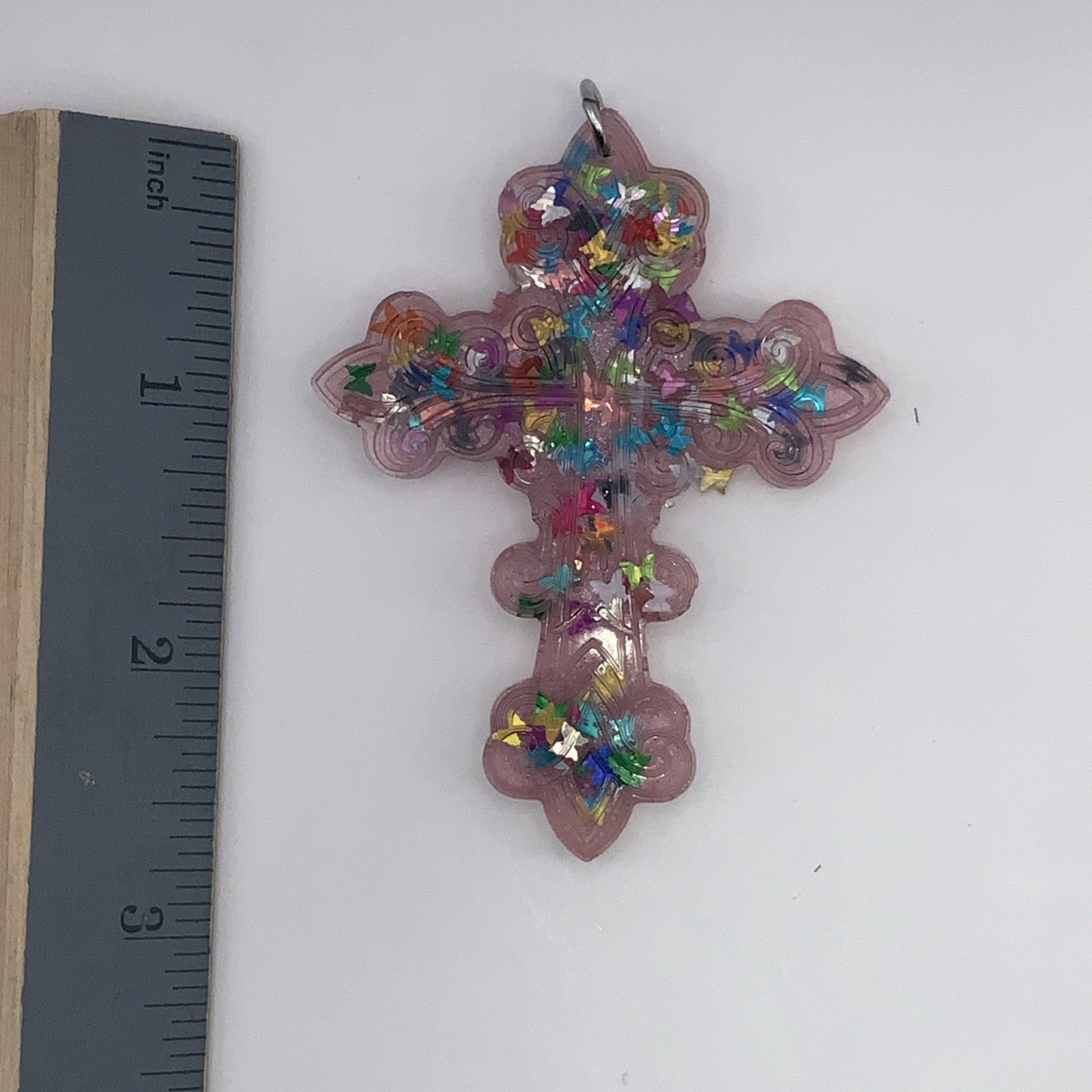 House Of David Handmade Cross Necklace Pink Butterflies