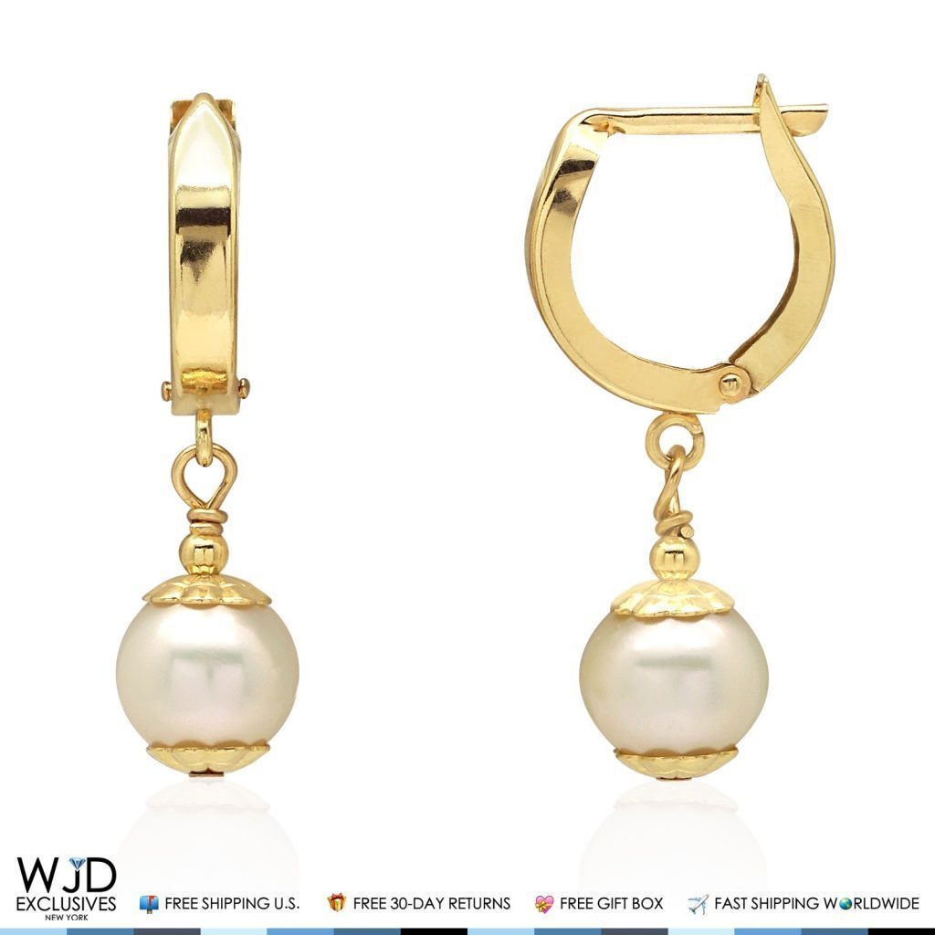 14K Solid Yellow Gold Freshwater Pearl Latch Dangle Earrings
