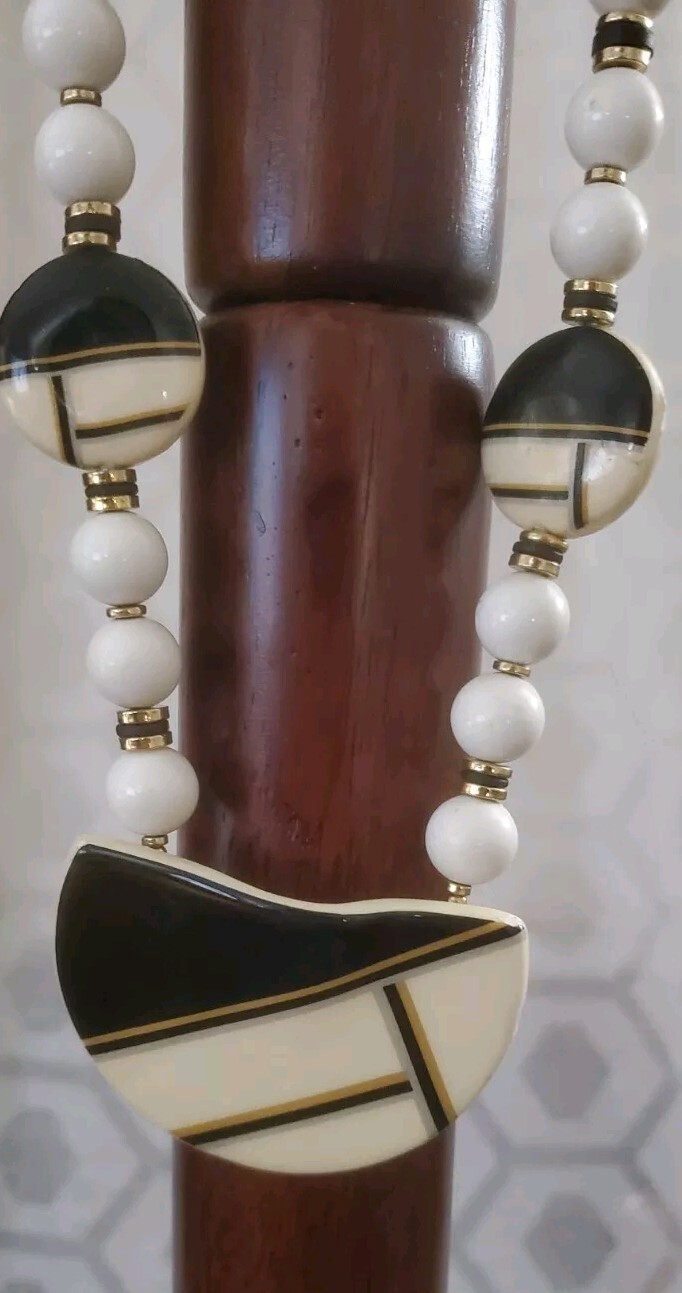 Black Cream White Gold Ceramic Enamel Long Bold Necklace 34″ Vintage