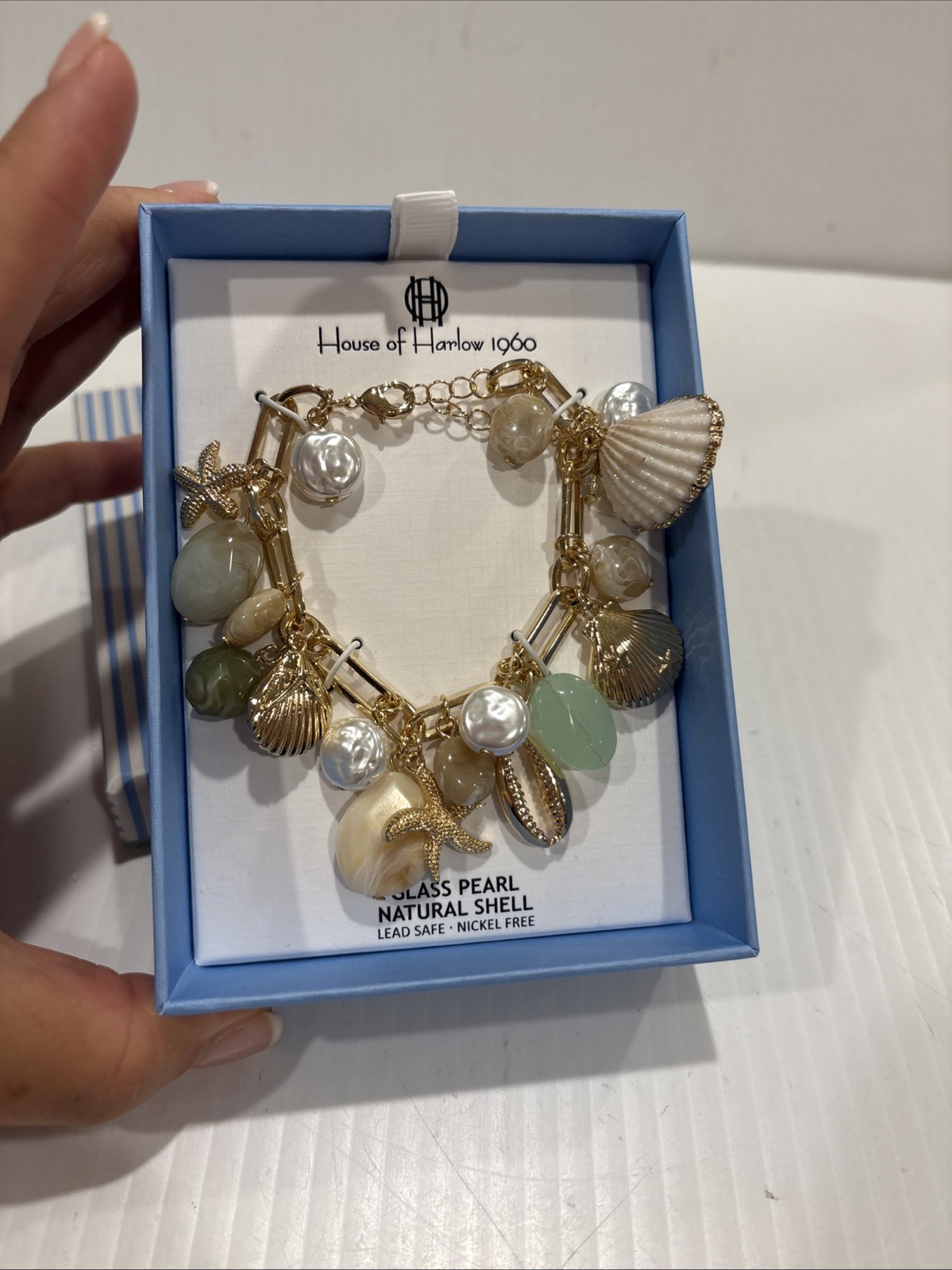 House of Harlow Glass Pearl and Natural Shell Beach Charm Bracelet NWT