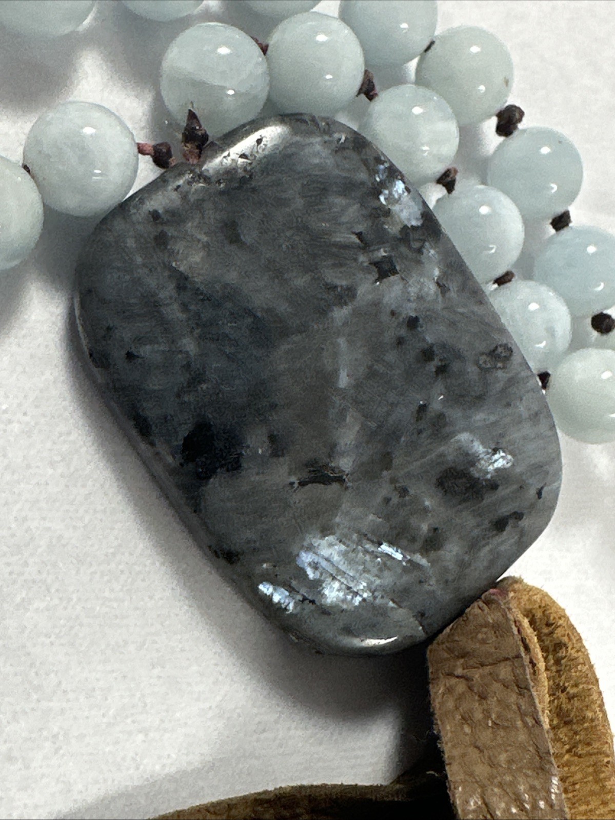 Silver Shimmer Larvikite Pendant ~ Hand Knotted Snowy Jade Beads 26″ Necklace